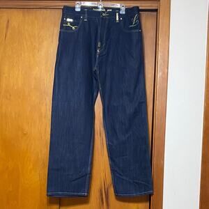 LRG Dark Blue Straight Jeans with Gold Thread & Rope Pocket Details Dry Cleaned